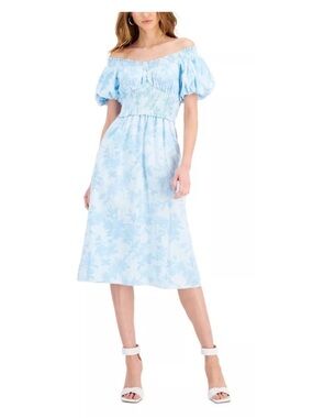 New INC Floral Dress Blue White Puff Sleeve Cocktail Petite Size PP